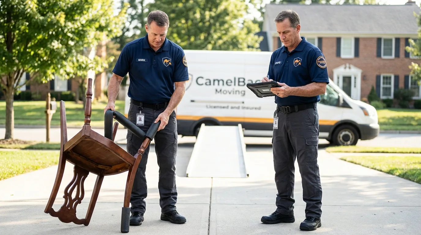Movers inspecting furniture for damage prevention before loading in Blountsville, AL