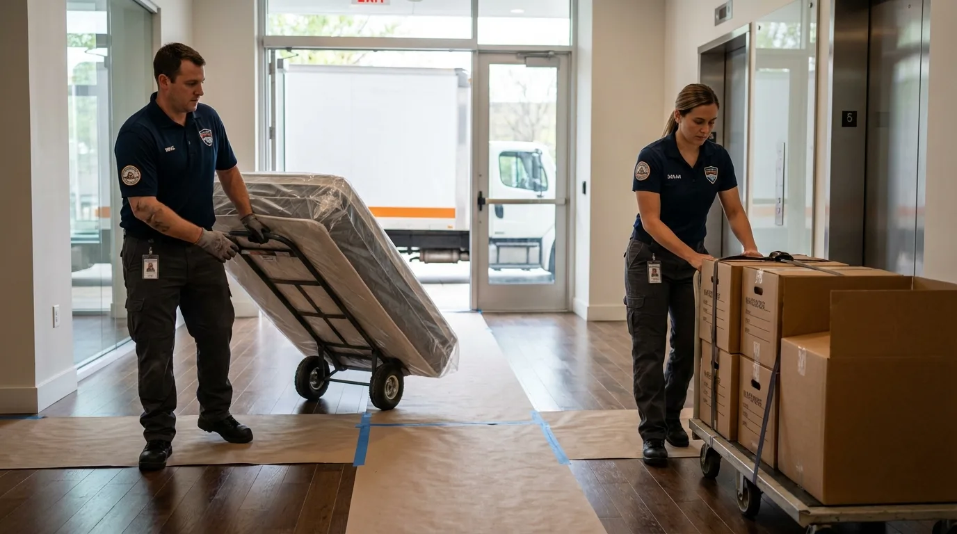 Professional apartment movers loading elevator in Blountsville, AL
